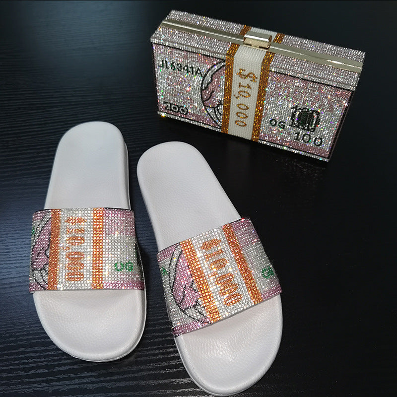 Chanclas plana de diamantes de imitación de diez rianas de dólar TPr por mayor